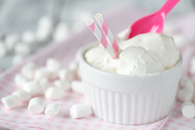 Vanilla ice-cream scoops in white cup on wooden background