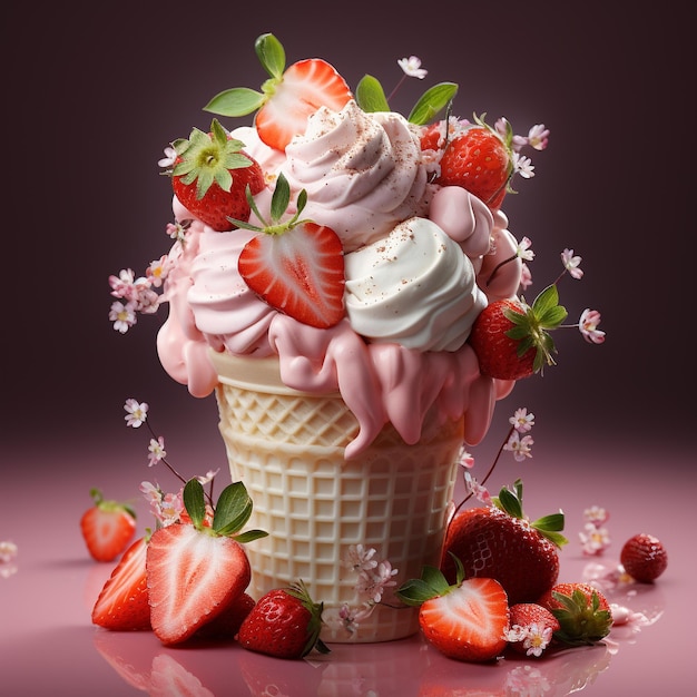 Vanilla Ice Cream in a Strawberry Waffle Cup Realistic 3D Rendering