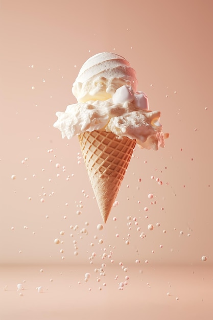 Photo vanilla ice cream in waffle cone with cream splash against pastel background