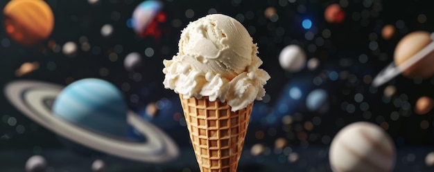 Ванильное мороженое в вафлином конусе с планетами на заднем плане