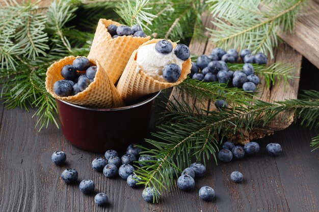 Vanilla ice cream with blueberries