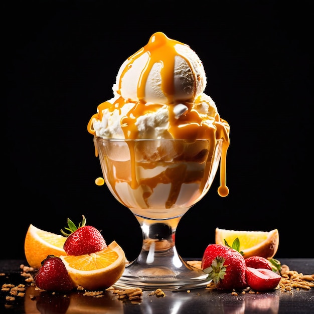 黒い背景のカラメルソースと新鮮な果物のバニラアイスクリーム