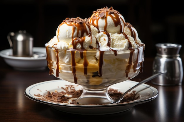 バニラアイスクリームとチョコレートシロップとホイップクリームの生成 IA