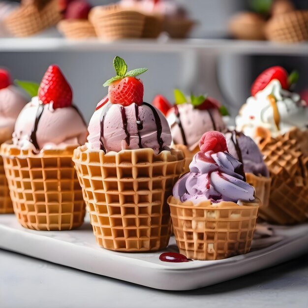 Vanilla ice cream with fresh berries and chocolate in waffle cones