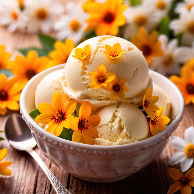 写真 ヴァニラアイスクリーム 新鮮な花 豪華なプレミアムデザート