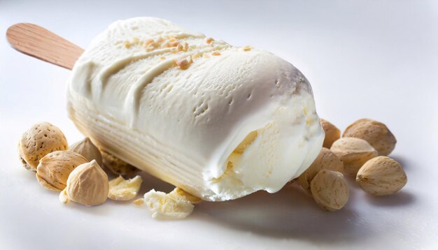 Vanilla ice cream with nuts on a white background close up