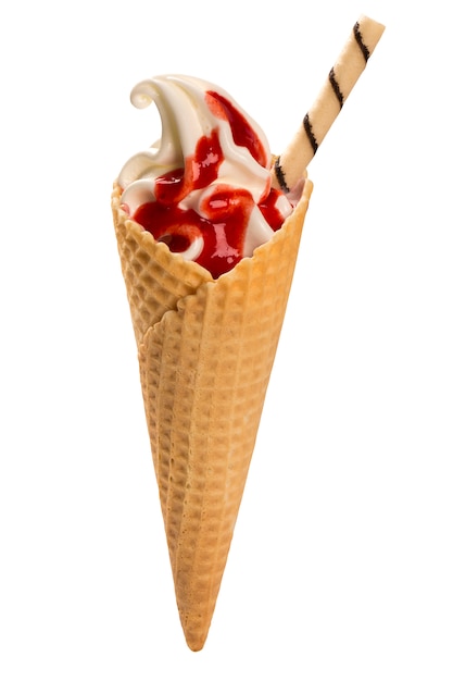 Vanilla ice cream with strawberry sauce in cone