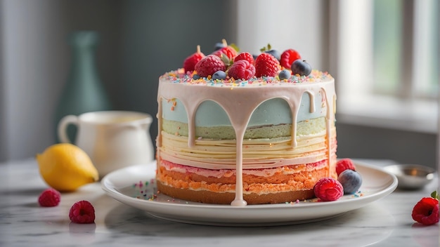 vanilla layer cake with berries photo