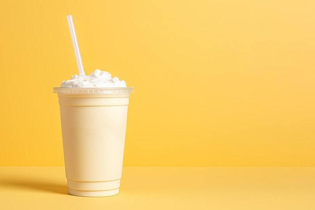 Vanilla milkshake in plastic takeaway cup isolated on pastel background with copy space