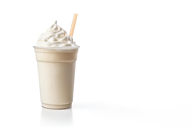 Vanilla milkshake in plastic takeaway cup isolated on white background with copy space