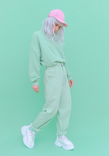 Vanilla Mint urban style. Girl 90s aesthetic. Monochrome color trends. Aqua Menthe