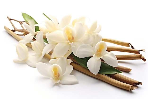 Vanilla Pods and Orchid Blossom Isolated on a White Background Generative Ai