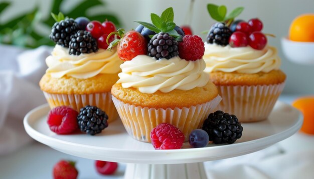 Photo vanilla pudding cupcakes with forest fruits