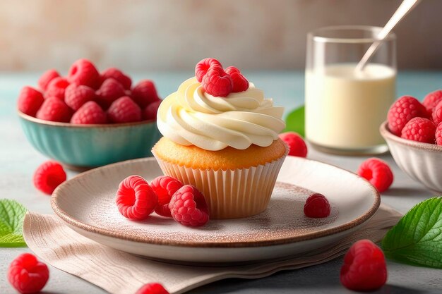 Photo vanilla raspberry cupcake with ligth cream topping garnished with berries