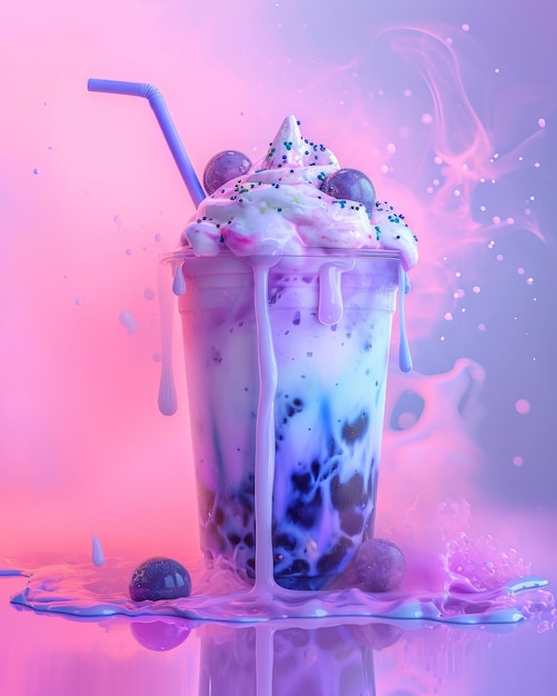 Vanilla smoothie with cream and berries with purple background