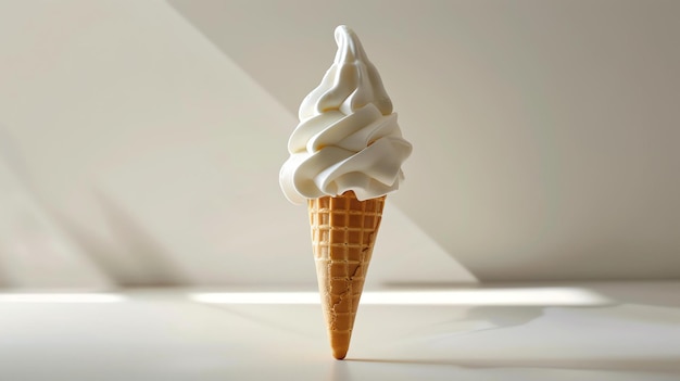 Vanilla soft serve ice cream cone on a white background