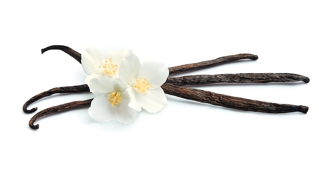 Foto bastoncini di vaniglia con fiori isolati su bianco