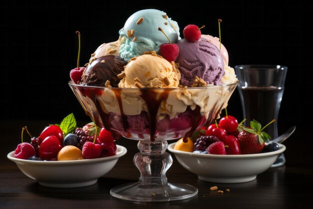 Ванильное и клубничное мороженое в стеклянной чашке с печенье и шоколадным сиропом