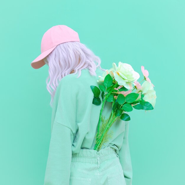 Vanilla summer style. Girl 90s aesthetic. Monochrome color trends. Aqua Menthe and flowers bloom mood