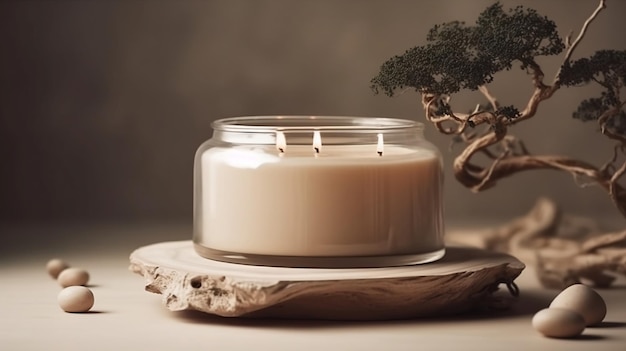 A vanilla white candle in aa glass jar on a zen relaxing background