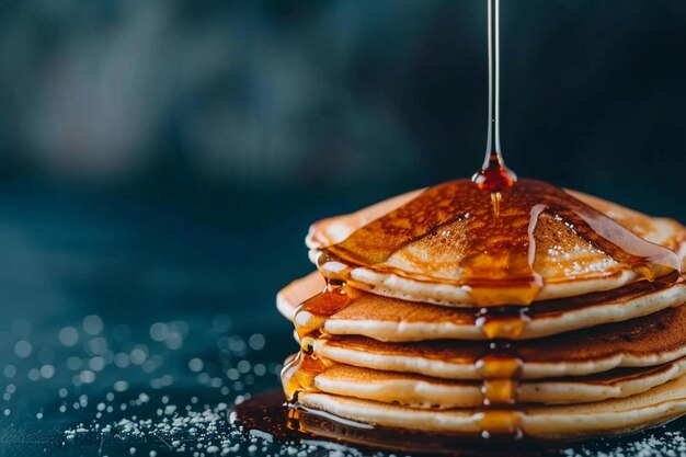 Foto vanille-extract op een stapel warme pannenkoeken