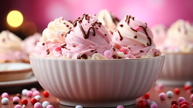Vanille-ijs met chocolade in een roze kom op een roze kleurachtergrond