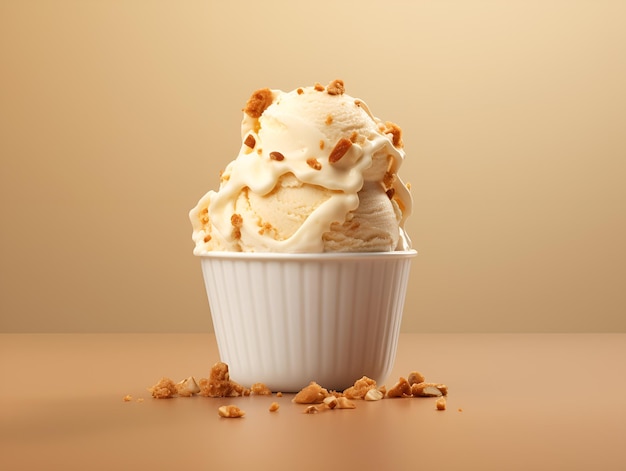 Vanille-ijs met karamel topping in witte kom op beige achtergrond