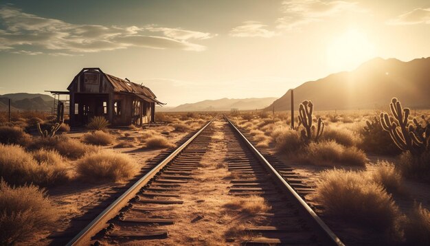 Vanishing point on abandoned railroad track nature beauty generated by AI