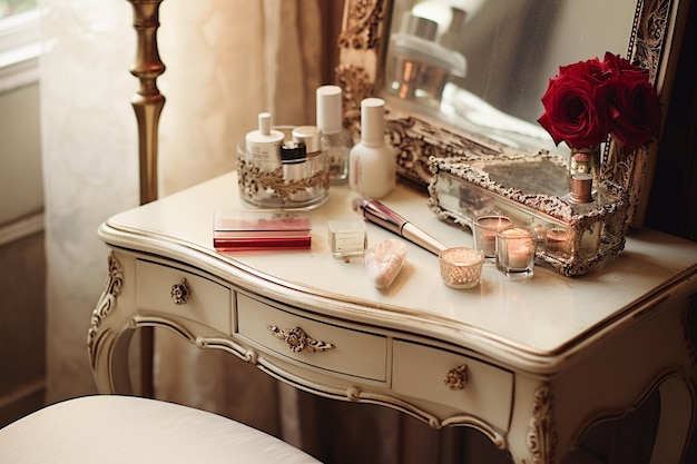 Photo vanity mirror on a table in the dressing room