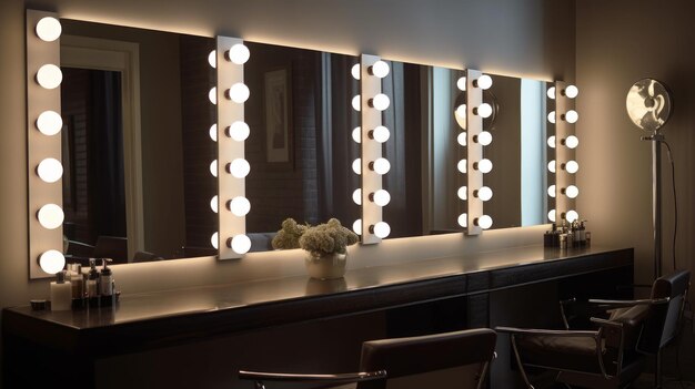 Vanity mirrors with lighting where clients can style their hair and apply makeup AI generated