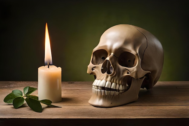 vanity and still life human skull on anciant desk