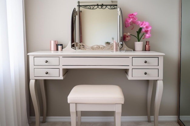 Vanity table with trifold mirror and velvet stool