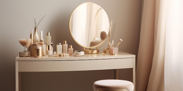 A vanity with makeup and makeup on it and a mirror with the word beauty on it.