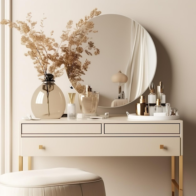 A vanity with a mirror and a vase of flowers on it.