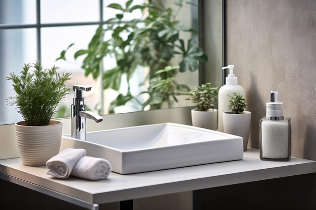 Photo vanity with unoccupied base and cleansing supplies for morning routine