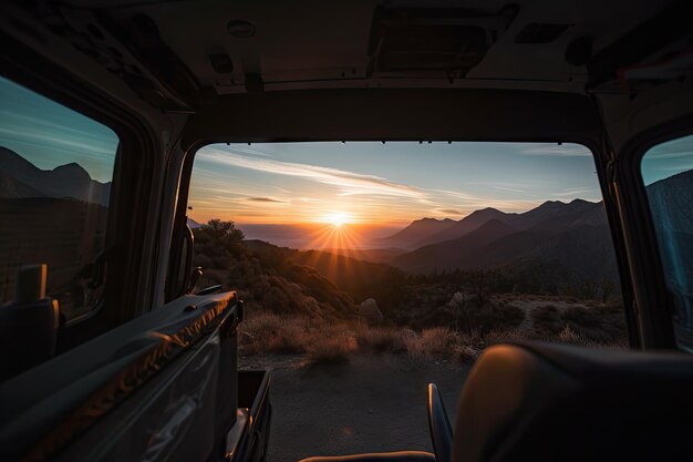 제너레이티브 AI로 만든 산 뒤로 해가 지는 모습이 보이는 Vanlife