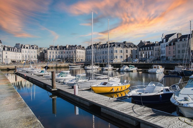 Vannes boats in the harbor with typical houses