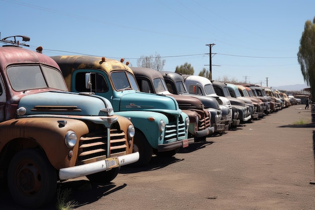 Фото Фургоны и грузовики прошлого, припаркованные в ряд, готовые к поездке, созданные с помощью генеративного ии