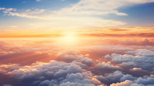 Foto vanuit de cabine van het vliegtuig een adembenemend uitzicht op de zonsondergang in een hemel vol wolken die een dramatische gloed werpen