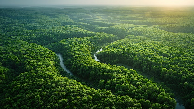 Vanuit de lucht een weelderig groen bos met een rivier en heuvels strekt zich uit onder het esthetische landschap