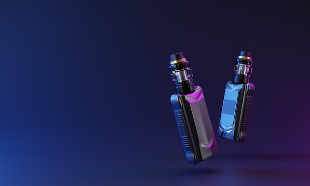 Устройство электронной сигареты Vaping Banner на синем и розовом светлом фоне