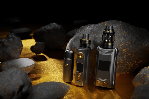 Баннер электронной сигареты устройства Vaping и рок на золотом светлом фоне 3d Rendering