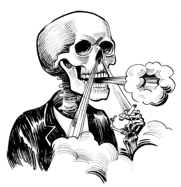 Черно-белый рисунок с вейпинговым скелетом