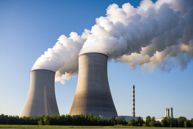 Photo vaporous mist emanating from a cooling tower at an energy plant