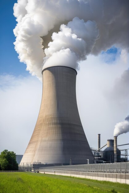 Photo vaporous mist emanating from a cooling tower at an energy plant