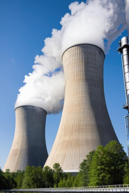 Photo vaporous mist emanating from a cooling tower at an energy plant