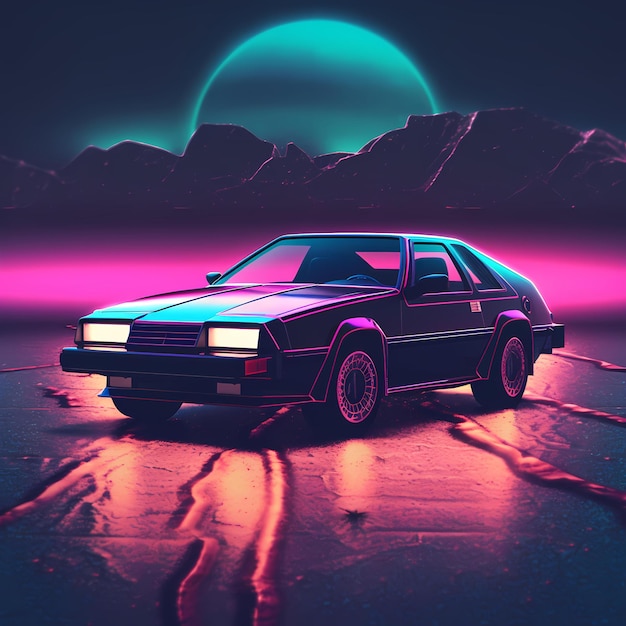 Vaporwave art style futuristic car