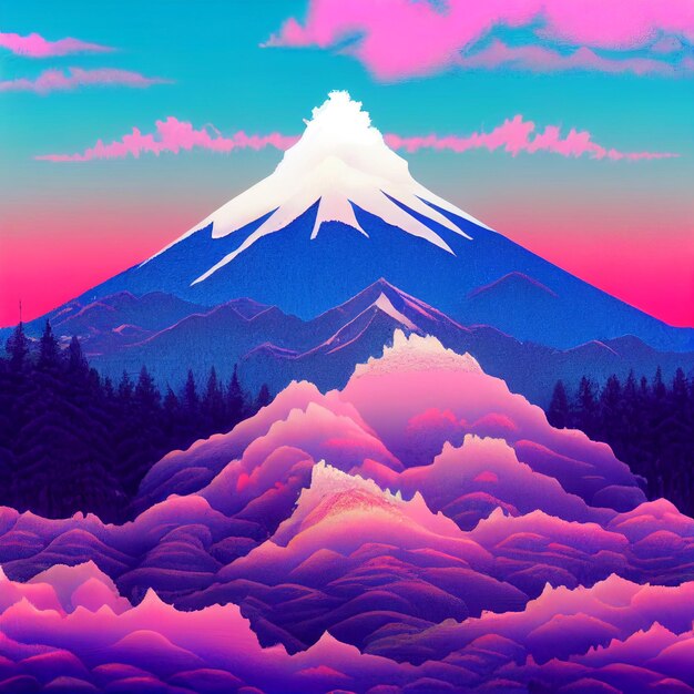 Vaporwave besneeuwde berglandschap synthwave illustratie