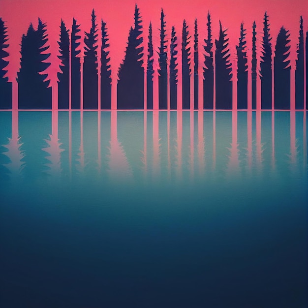 Vaporwave lake with reflection of forest trees landscape synthwave illustration