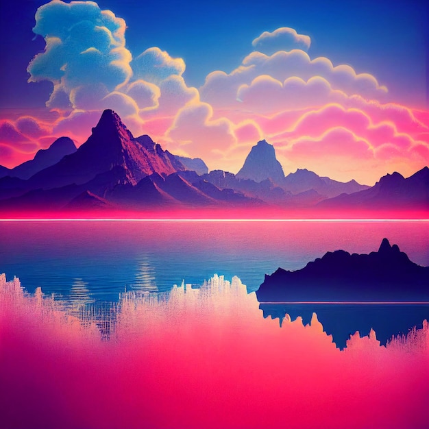 Vaporwave lake with reflection of forest trees landscape synthwave illustration
